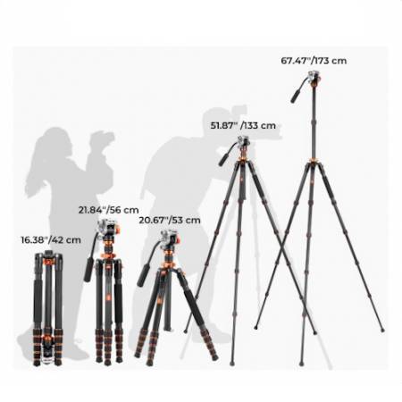 K&F Concept KF4967 O255C4 + FH-03 - zestaw, statyw video Carbon O255C4 z trybem monopodu + głowica video FH-03